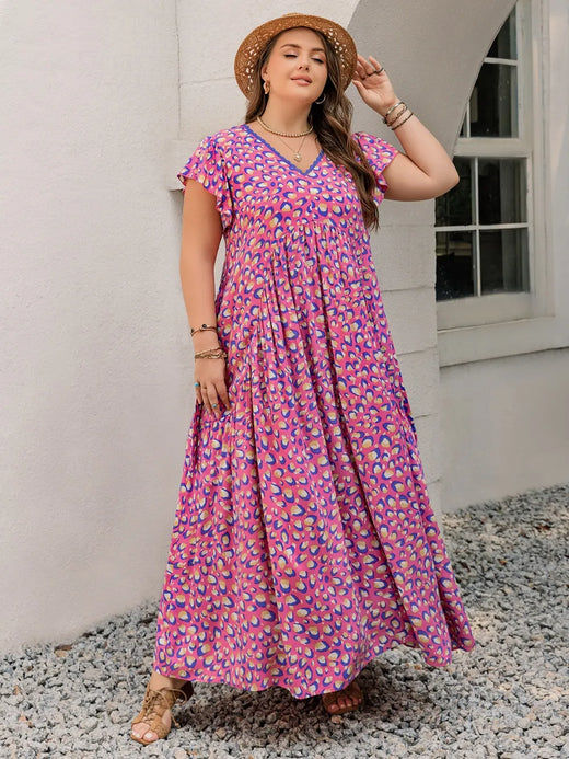 Printed V-Neck Flutter Sleeve Tie Waist Maxi Dress - alternate view 6