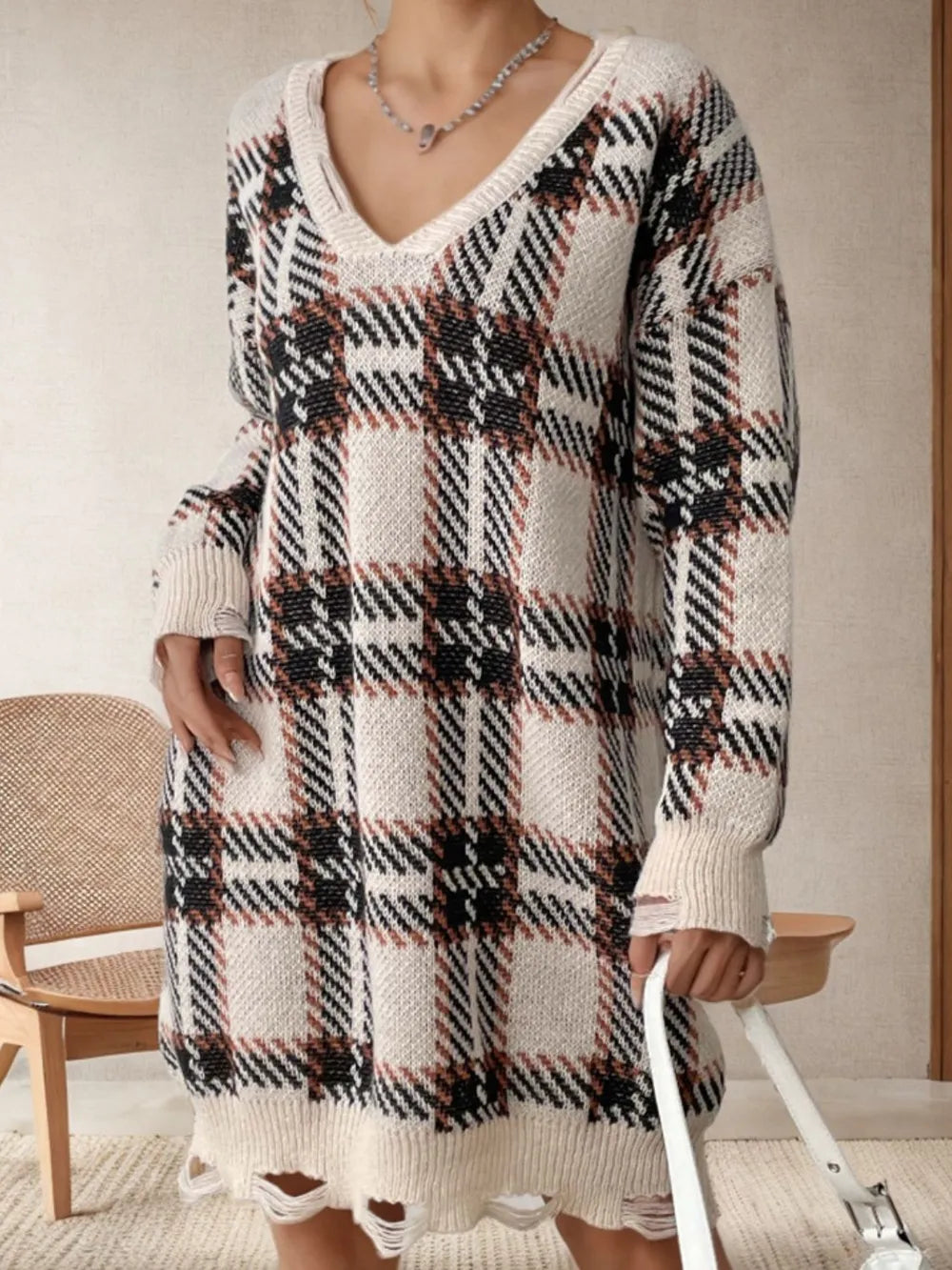 Distressed Plaid V-Neck Long Sleeve Sweater Dress - alternate view 1
