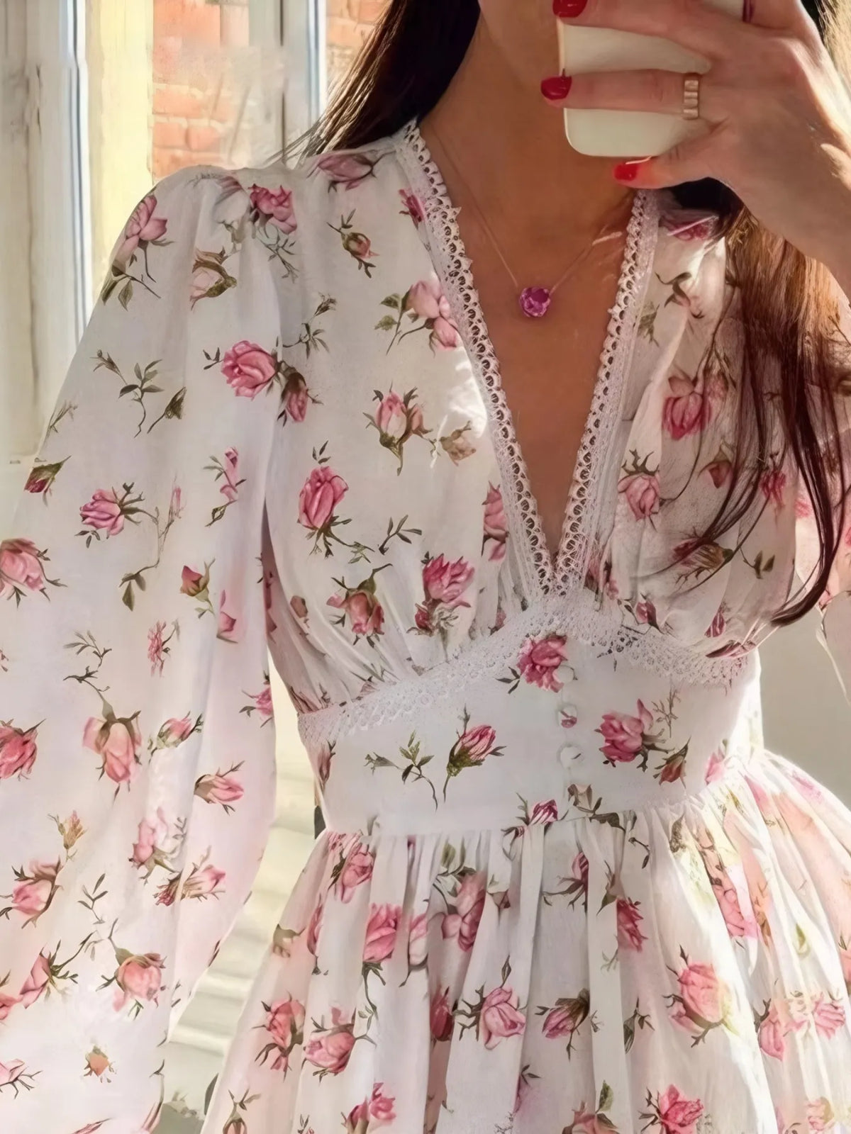 Full Size Floral Print Lace Detail V-Neck Mini Dress Plus SIze - alternate view 6