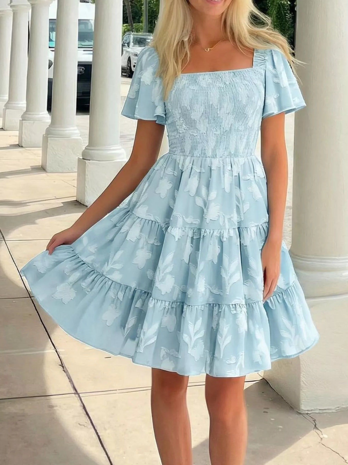 Smocked Square Neck Tiered Mini Dress - alternate view 4