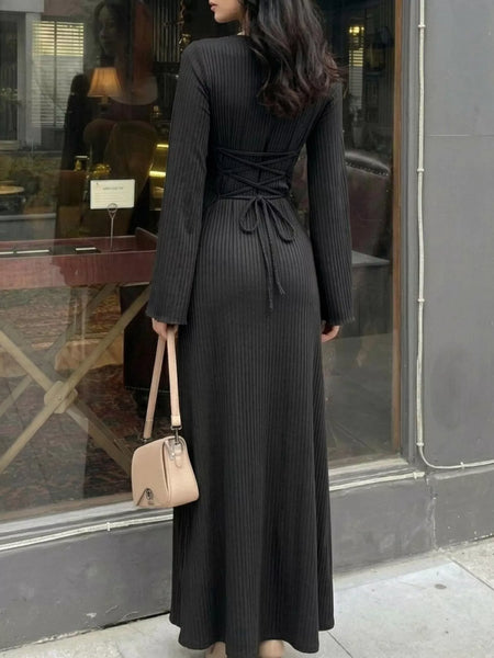 Elegant Ribbed Knit Long Sleeve Maxi Dress - alternate view 5