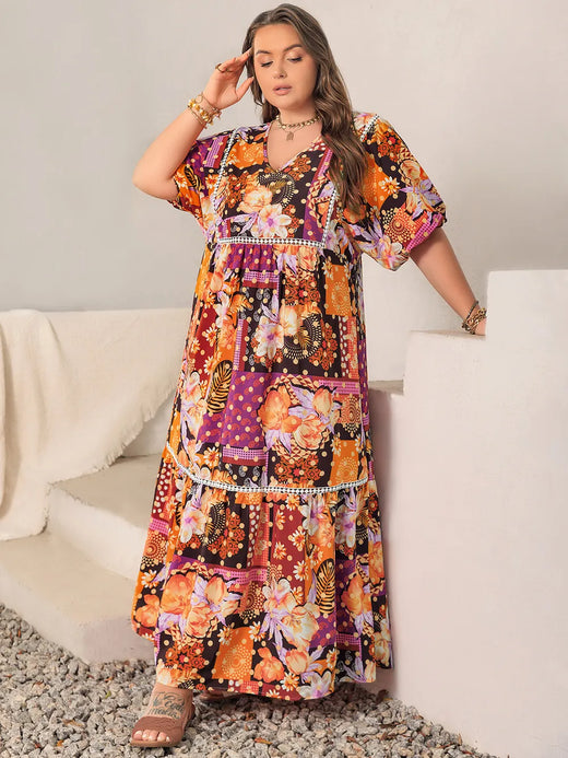 Printed V-Neck Half Sleeve Maxi Dress - alternate view 6