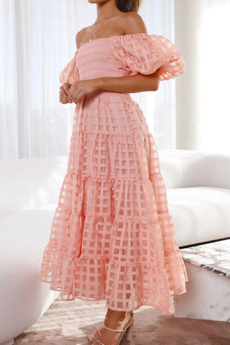 Off Shoulder Short Puff Sleeve Midi Dress - alternate view 4