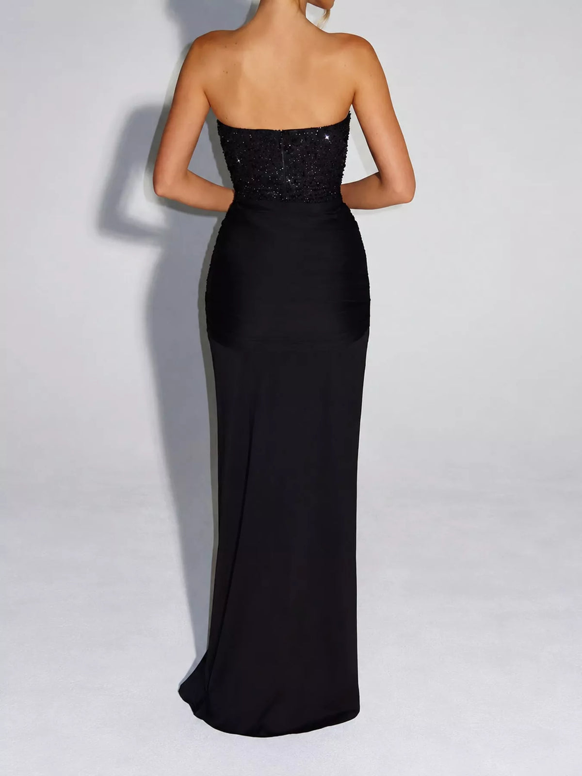 Elegant Strapless Sequin Corset Maxi Dress with Draped Waist Detail - alternate view 28