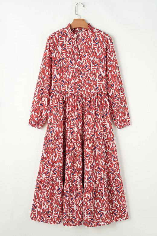 Printed Notched Long Sleeve Dress - alternate view 5