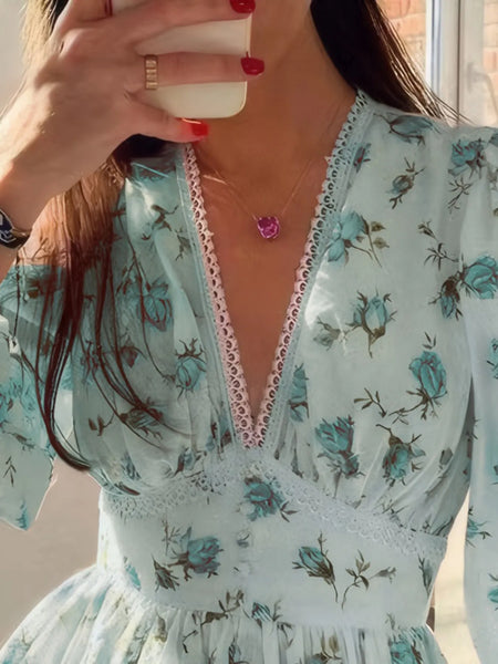 Full Size Floral Print Lace Detail V-Neck Mini Dress Plus SIze - alternate view 2
