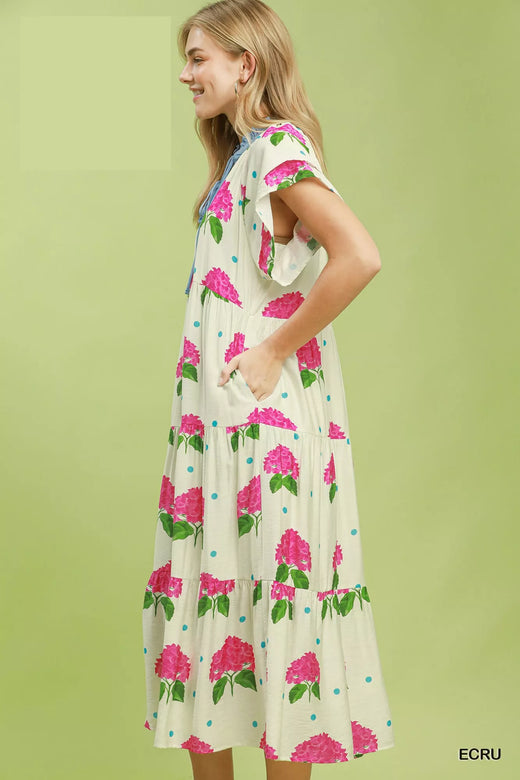 Hydrangea Print Tiered Midi Dress - alternate view 3