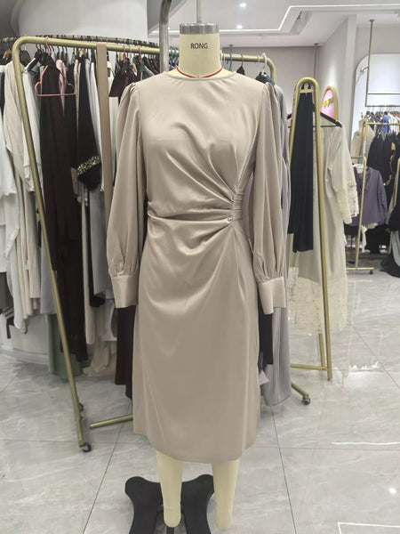 Long Sleeve Satin Ruched Midi Dress - alternate view 5