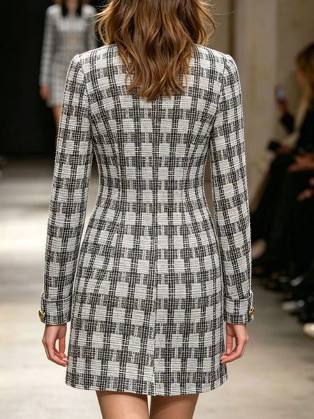 Long Sleeve Plaid Tweed Button-Down Mini Dress - alternate view 3