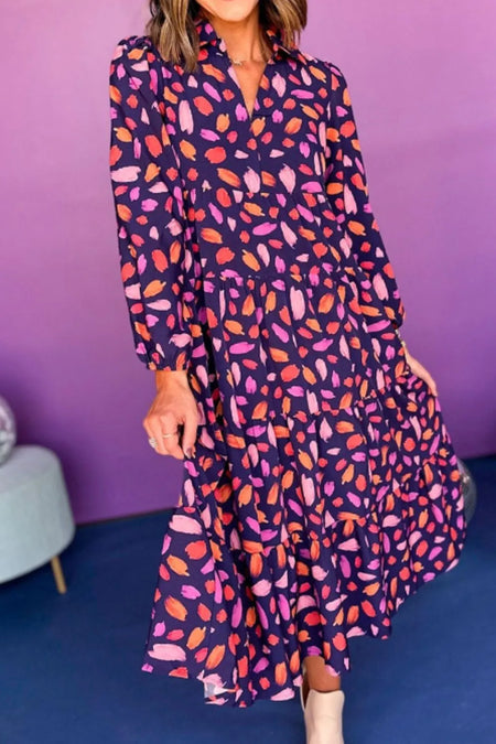 Printed Notched Long Sleeve Dress - alternate view 6