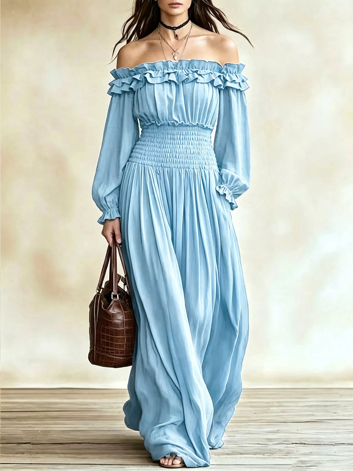 Full Size Off-Shoulder Ruffled Smocked Waist Maxi Dress with Pockets Plus Size - alternate view 11