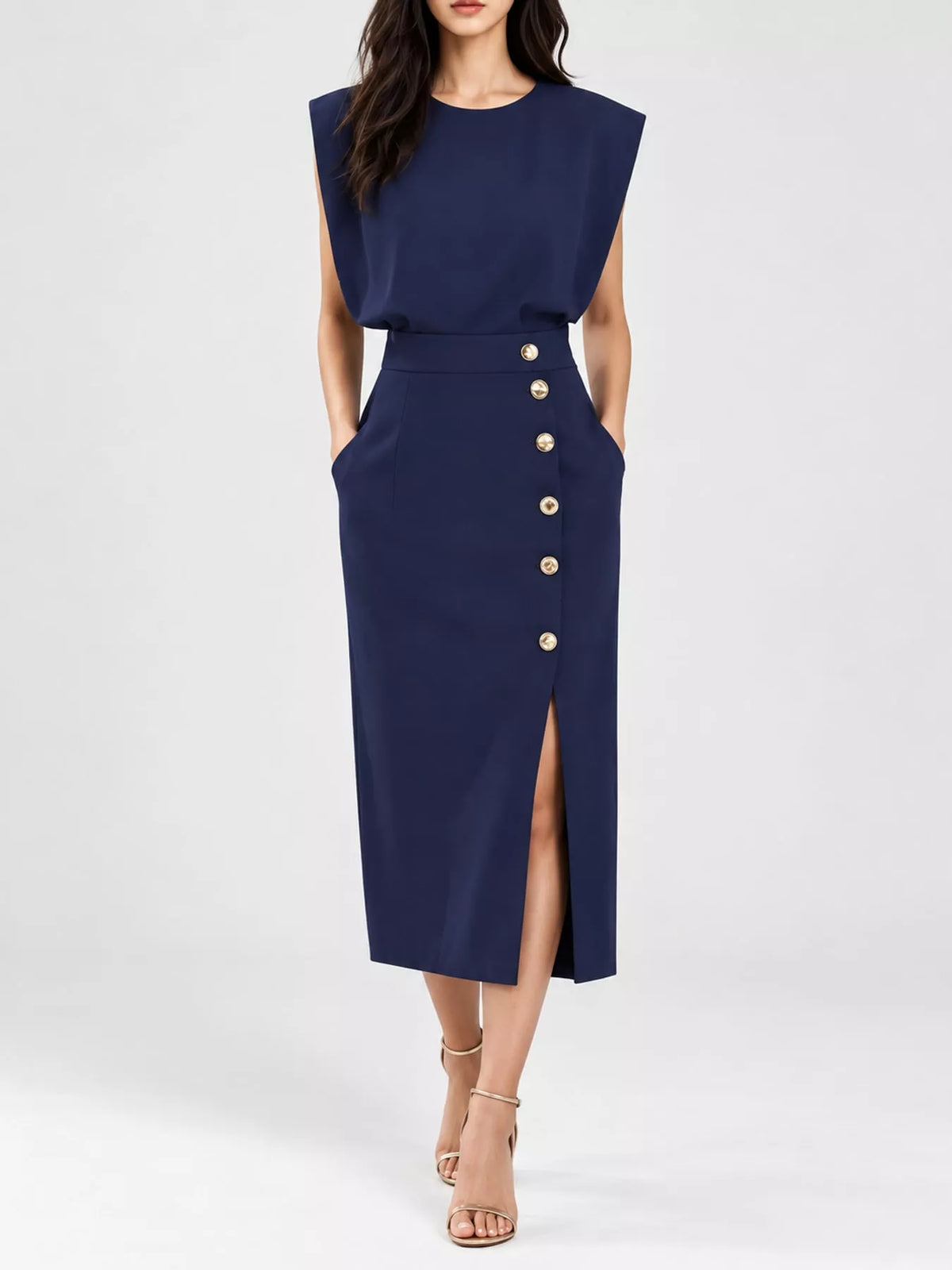 Sleeveless Midi Dress with Gold Button Detail and Side Slit - alternate view 6