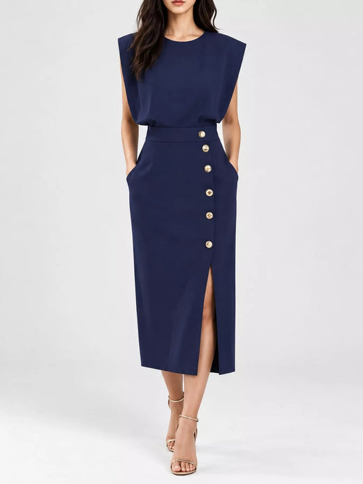 Sleeveless Midi Dress with Gold Button Detail and Side Slit - alternate view 6