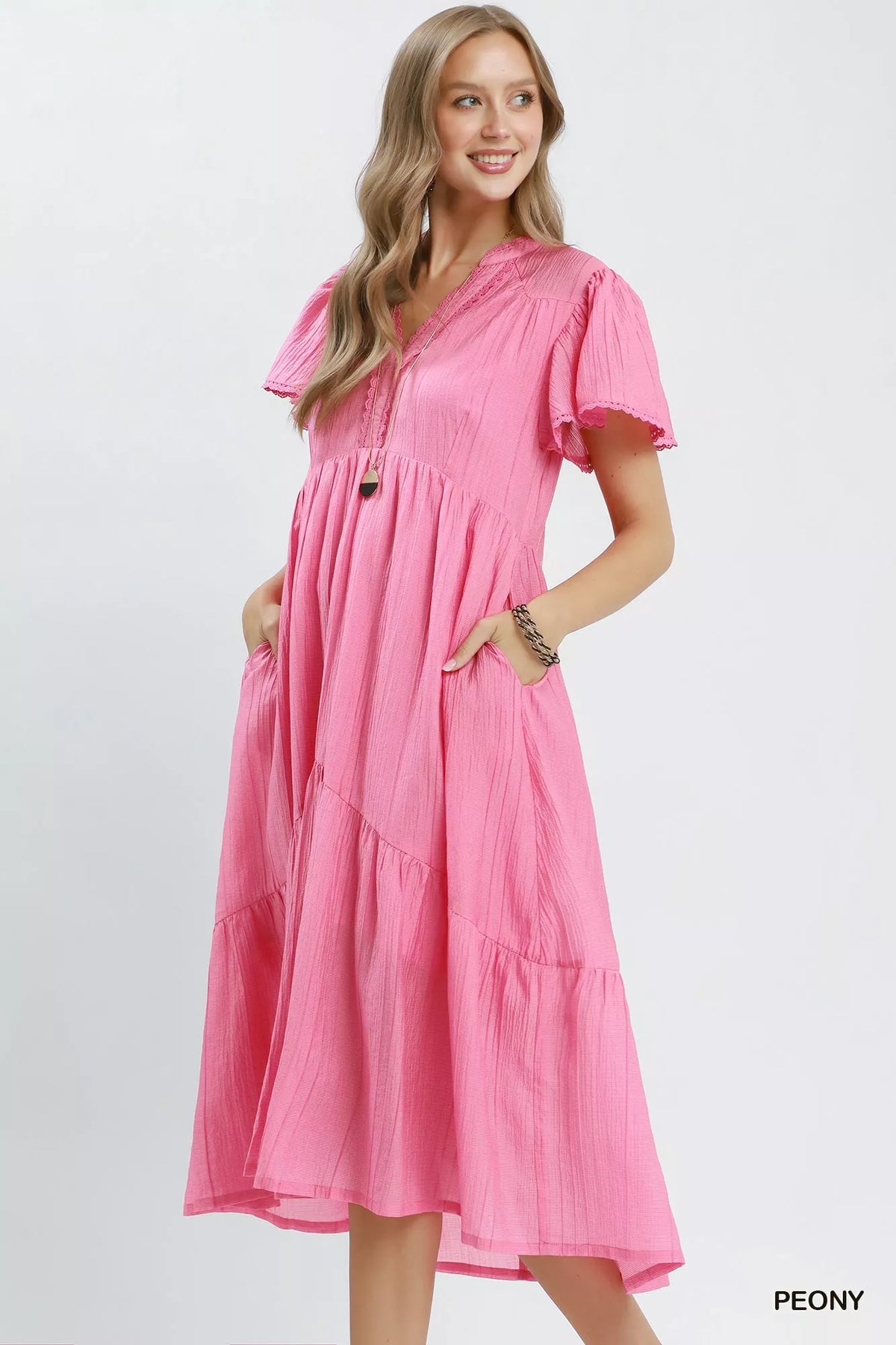 Textured Tiered Midi Dress with Side Pockets - alternate view 2