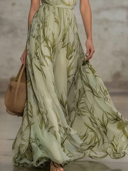 Leaf Print Sleeveless Chiffon Maxi Dress - alternate view 3