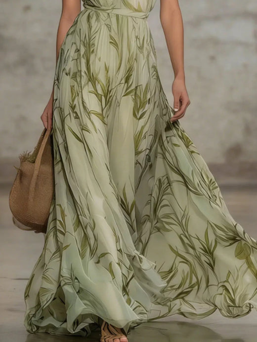 Leaf Print Sleeveless Chiffon Maxi Dress - alternate view 3