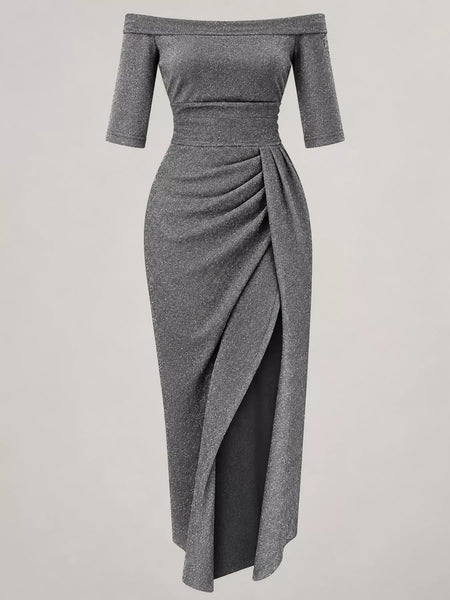 Full Size Off-Shoulder Ruched Slit Midi Dress Plus Size - alternate view 6