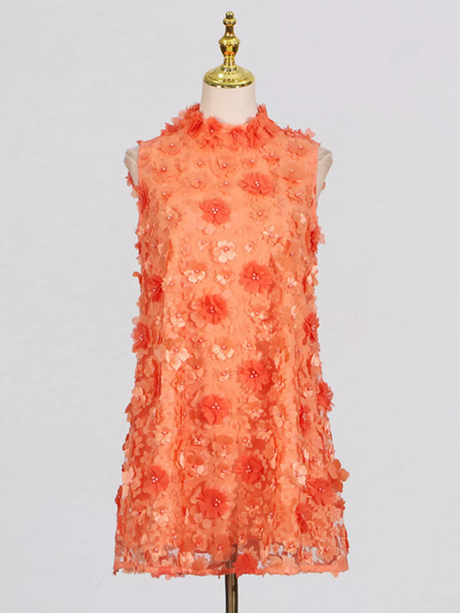 Floral Applique High Neck Sleeveless Mini Dress - alternate view 1