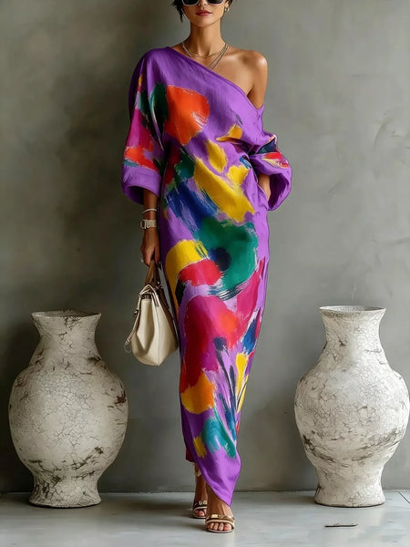 Full Size One-Shoulder Abstract Print Loose Fit Maxi Dress Plus Size - alternate view 7