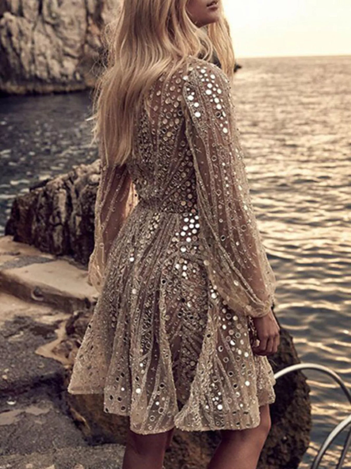 Sequin Deep V-Neck Long Sleeve Mini Dress - alternate view 2