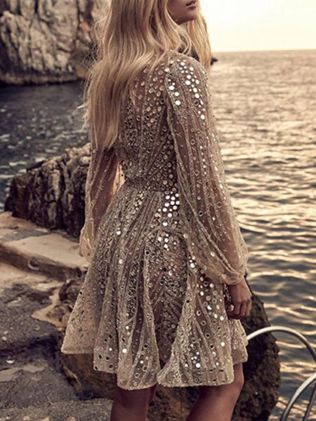 Sequin Deep V-Neck Long Sleeve Mini Dress - alternate view 2
