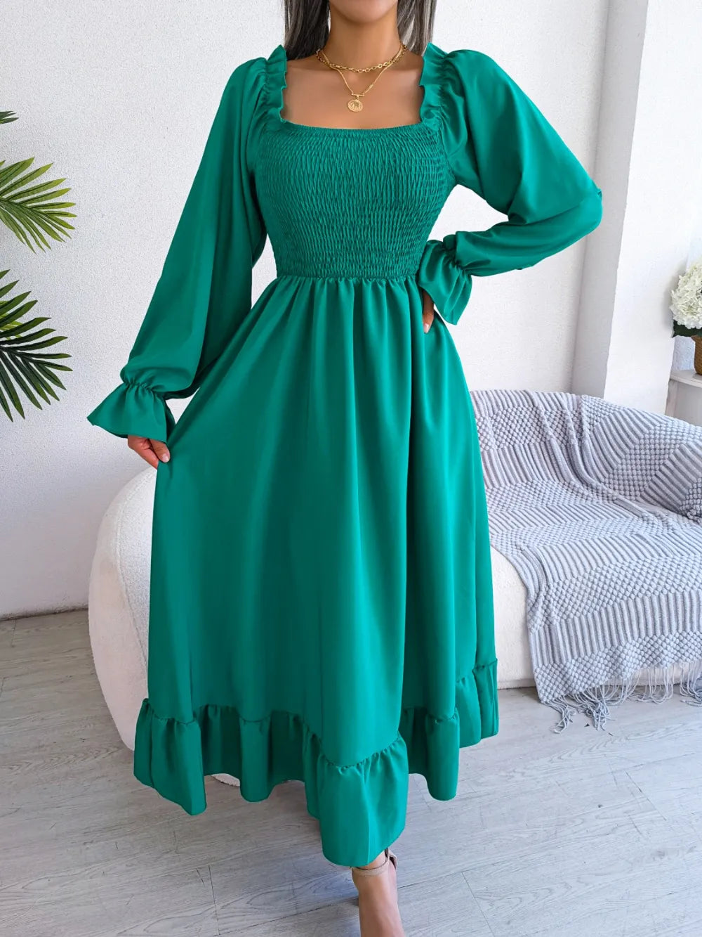 Smocked Square Neck Flounce Sleeve Dress - alternate view 13