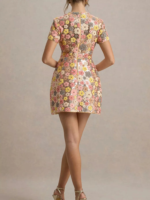 Floral Sequin Short Sleeve Mini Dress - alternate view 6