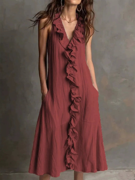 Sleeveless Ruffle Trim V-Neck Midi Dress - alternate view 5