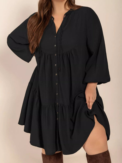 Button Front Balloon Sleeve Dress