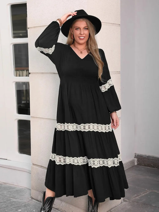Lace Detail V-Neck Long Sleeve Midi Dress - alternate view 3