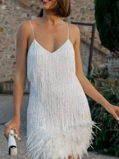 Full Size Feather Fringe Sequin Mini Dress Plus Size