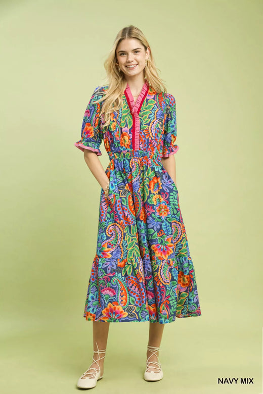 Mix Floral Midi Dress with Ruffle Trim - alternate view 5