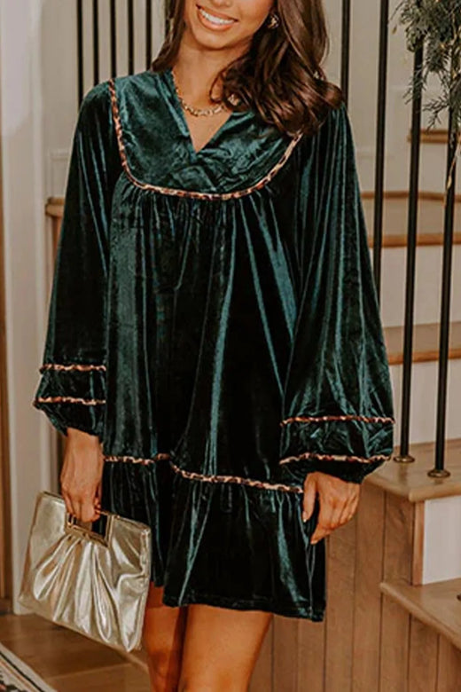 Leopard Trim Velvet Long Sleeve Shift Dress - alternate view 6