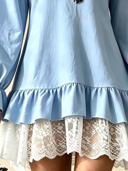 V-Neck Long Sleeve Ruffle Hem Lace Trim Mini Dress - alternate view 11