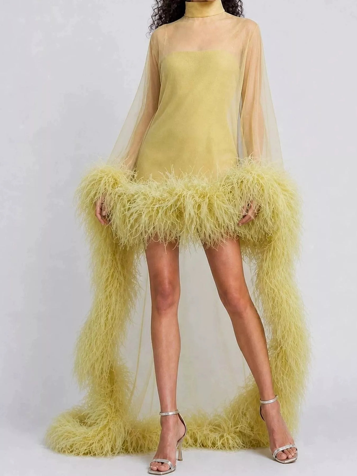 Feather-Trimmed Sheer Mock Neck Mini Dress - alternate view 2