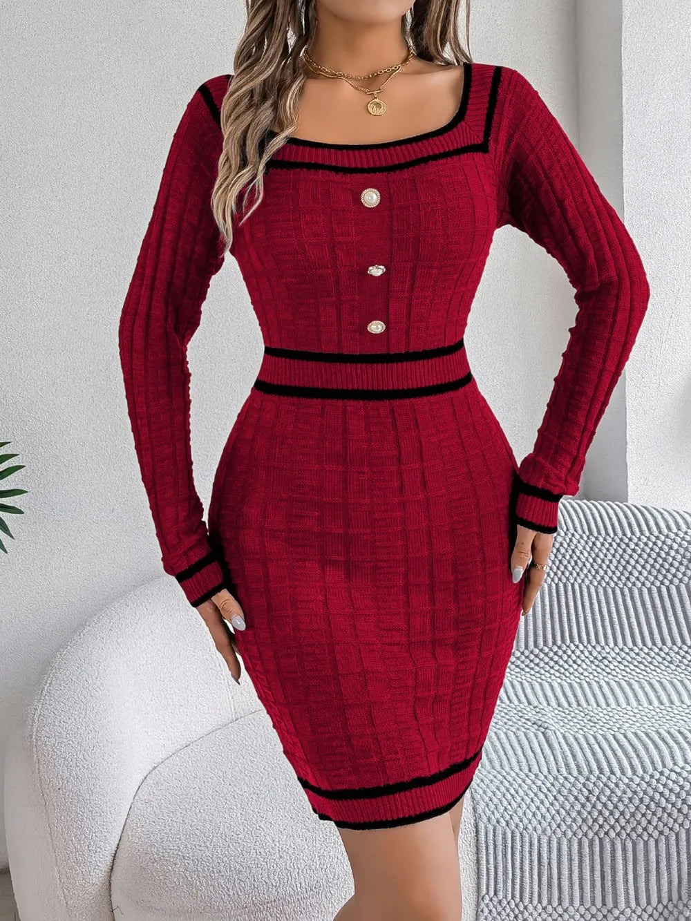Contrast Trim Long Sleeve Sweater Dress - alternate view 2