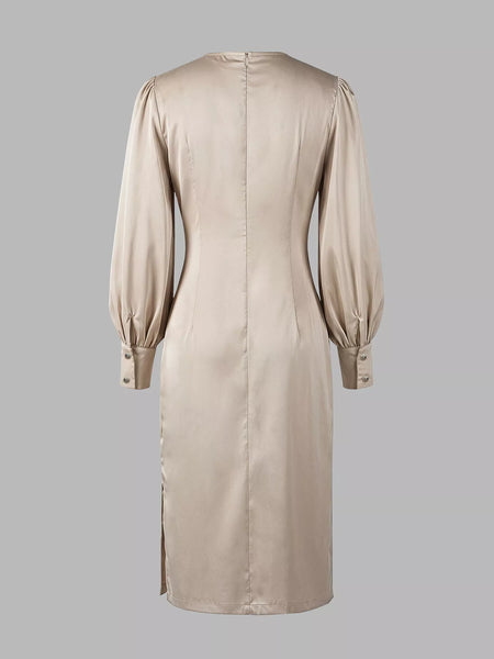 Long Sleeve Satin Ruched Midi Dress - alternate view 13