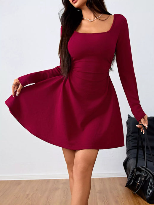 Square Neck Long Sleeve Ruched Waist Mini Dress - alternate view 3