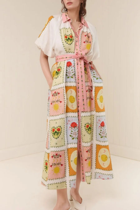 Printed Short Sleeve Belted Maxi Dress - alternate view 2