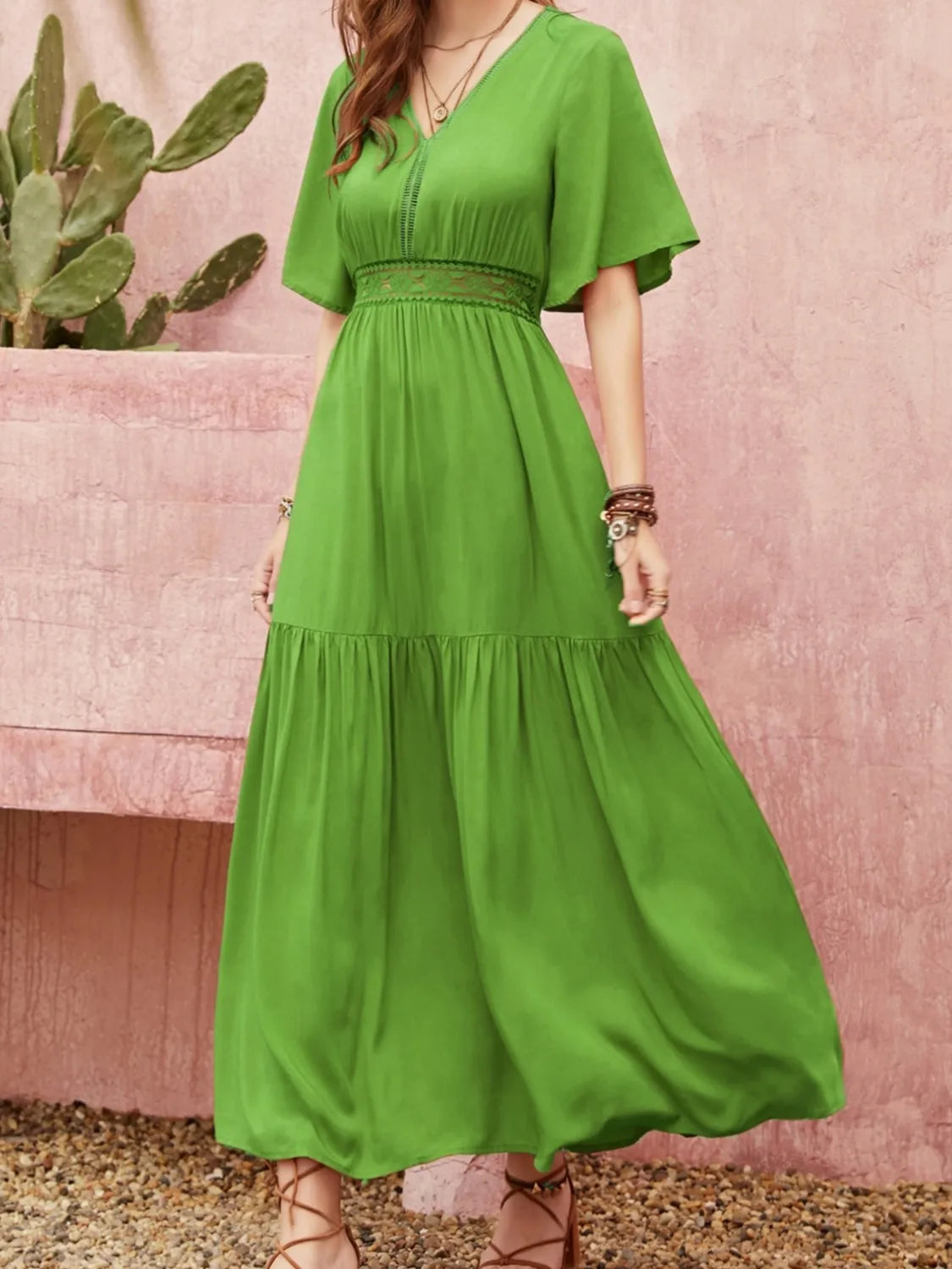 Lace Detail V-Neck Short Sleeve Dress - alternate view 5