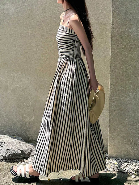 Striped Spaghetti Strap A-Line Maxi Dress - alternate view 3