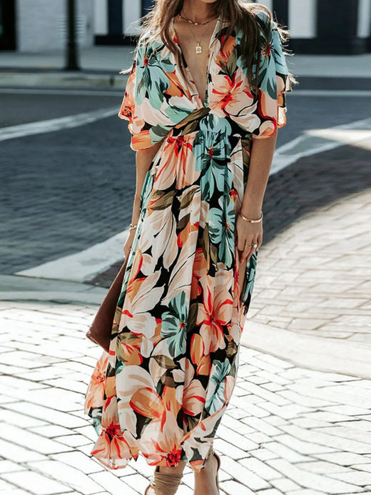 Floral Plunge Half Sleeve Dress - alternate view 2