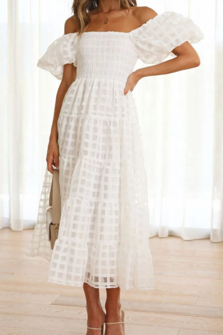 Off Shoulder Short Puff Sleeve Midi Dress - alternate view 13