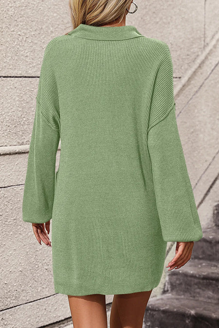 Collared Neck Long Sleeve Sweater Dress with Pockets - alternate view 6