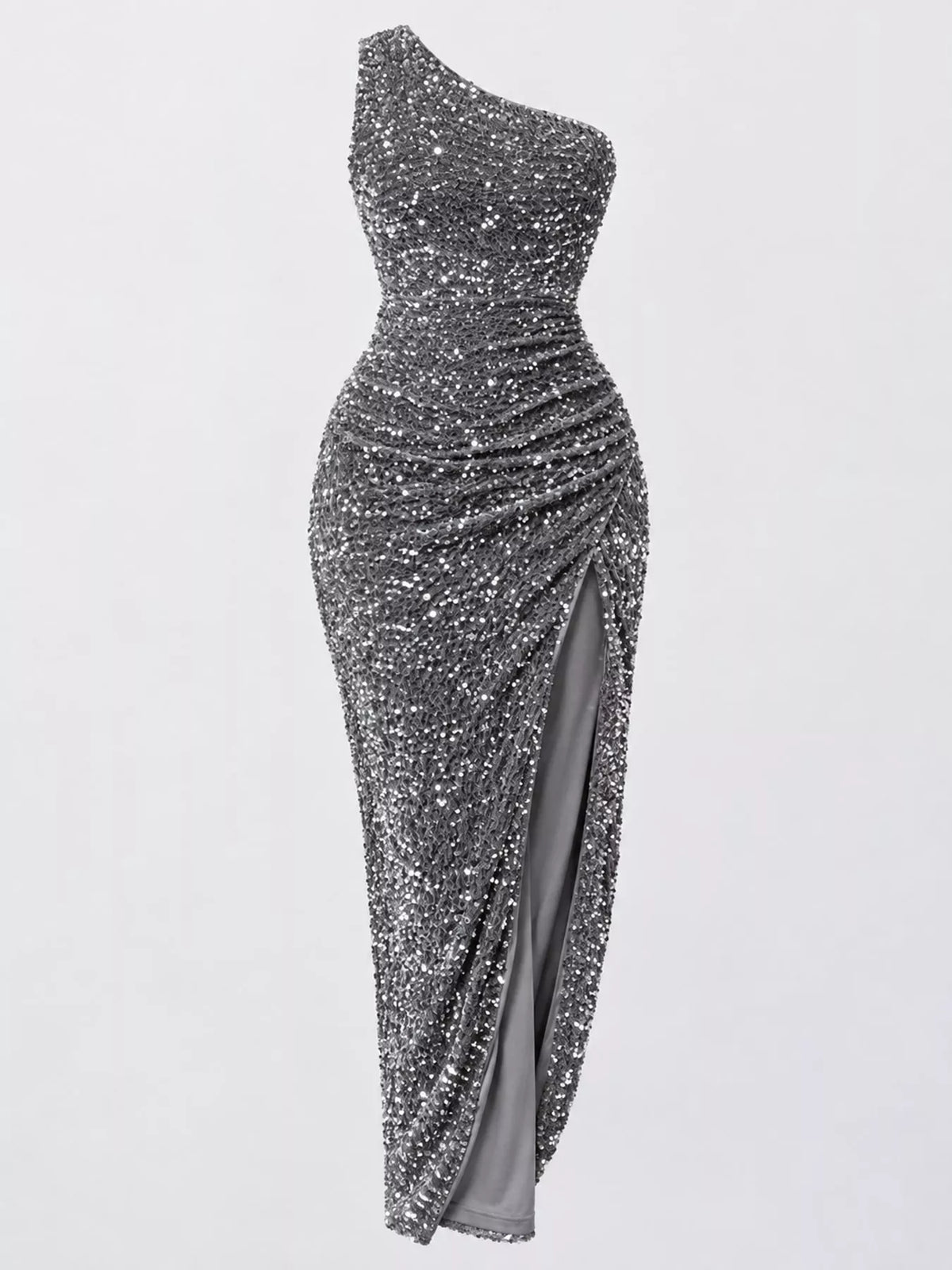 One-Shoulder Ruched Sequin High-Slit Evening Dress - alternate view 4
