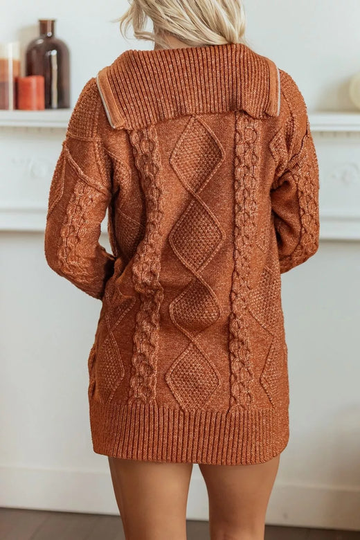 Zip-Up Cable Knit Drop Shoulder Sweater Dress - alternate view 3