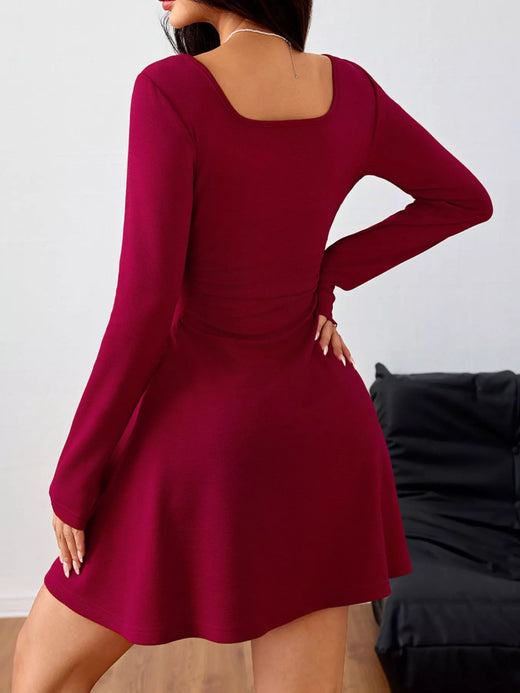 Square Neck Long Sleeve Ruched Waist Mini Dress - alternate view 4