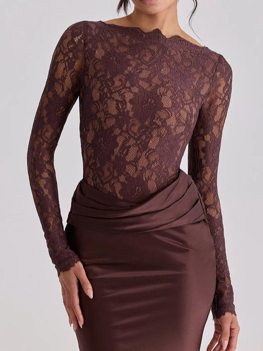 Long-Sleeve Lace and Satin Patchwork Maxi Dress - alternate view 2