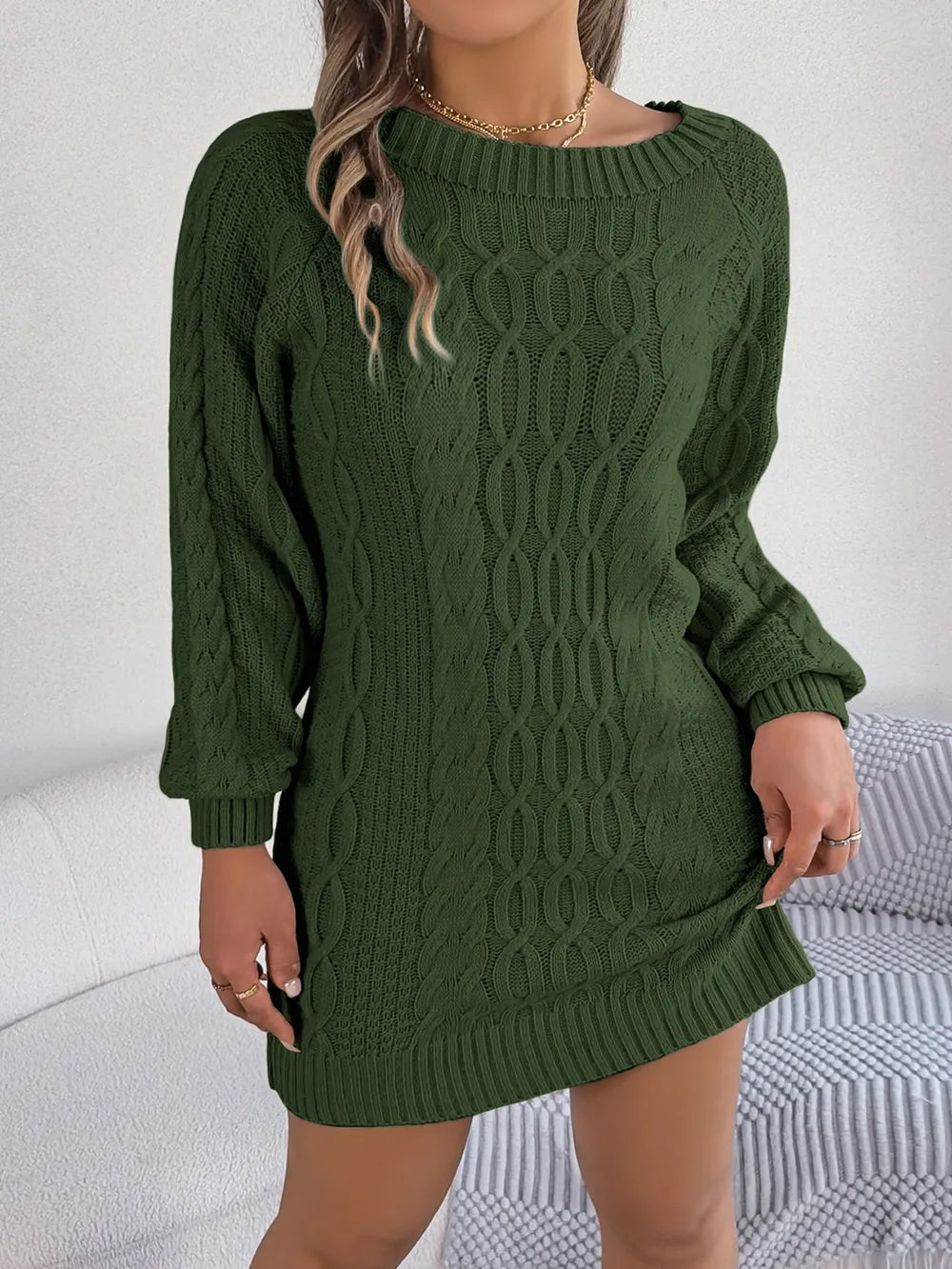 Cable-Knit Round Neck Sweater Dress - alternate view 9