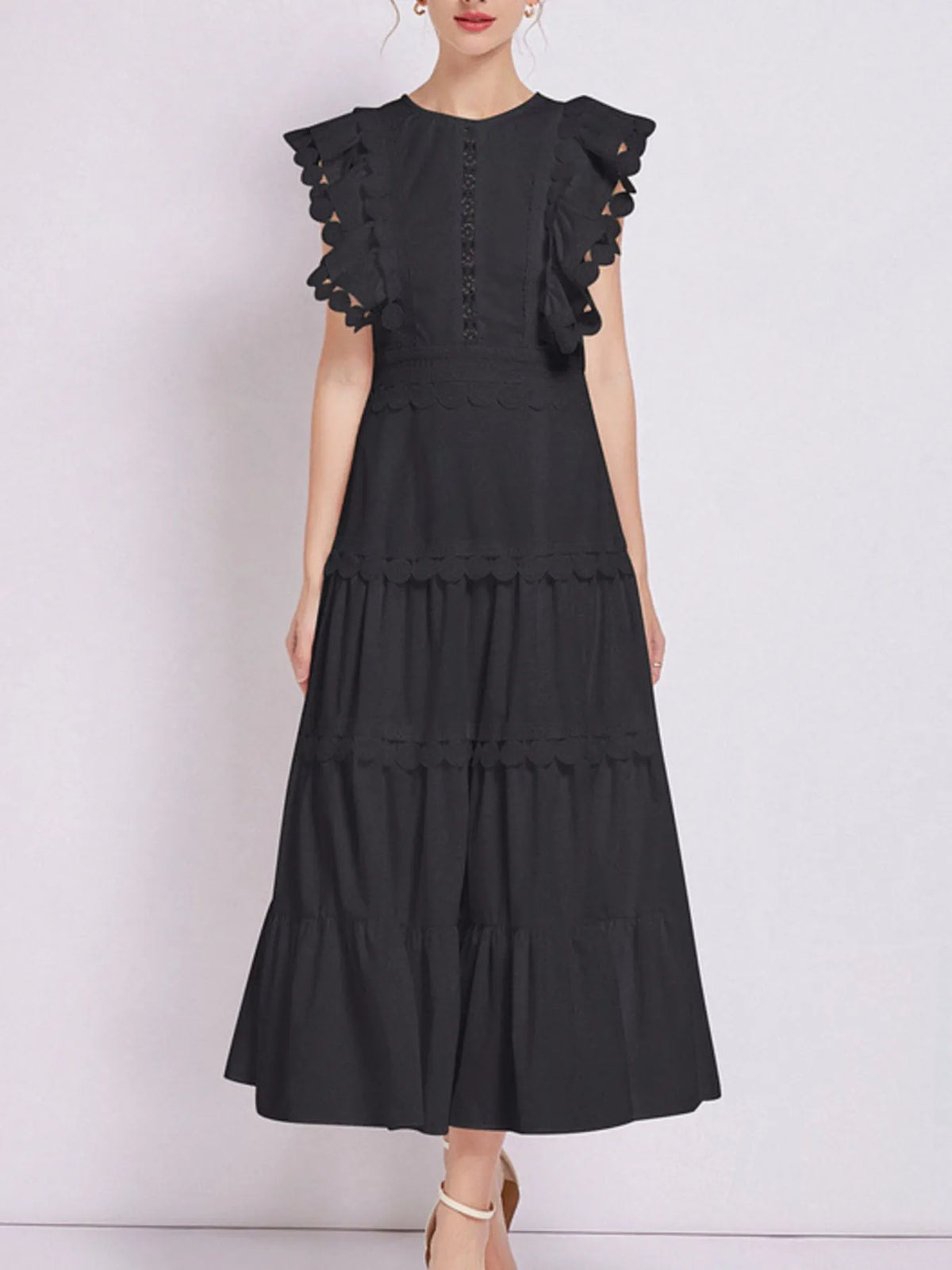 Sleeveless Ruffled Tiered Dress with Embroidered Trim - alternate view 13